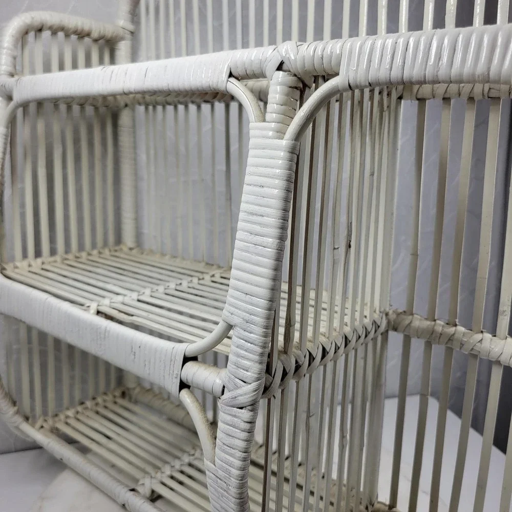 VTG Wrapped Rattan Wicker Shelf White Arched 3 Tier Boho Storage Cabinet